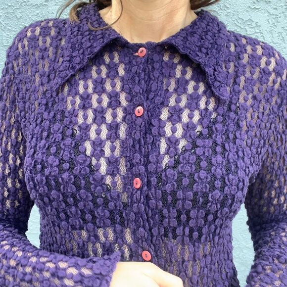 Miss Sixty y2k 90s Womens Lace Blouse Purple sheer top Size Medium - Picture 3 of 8
